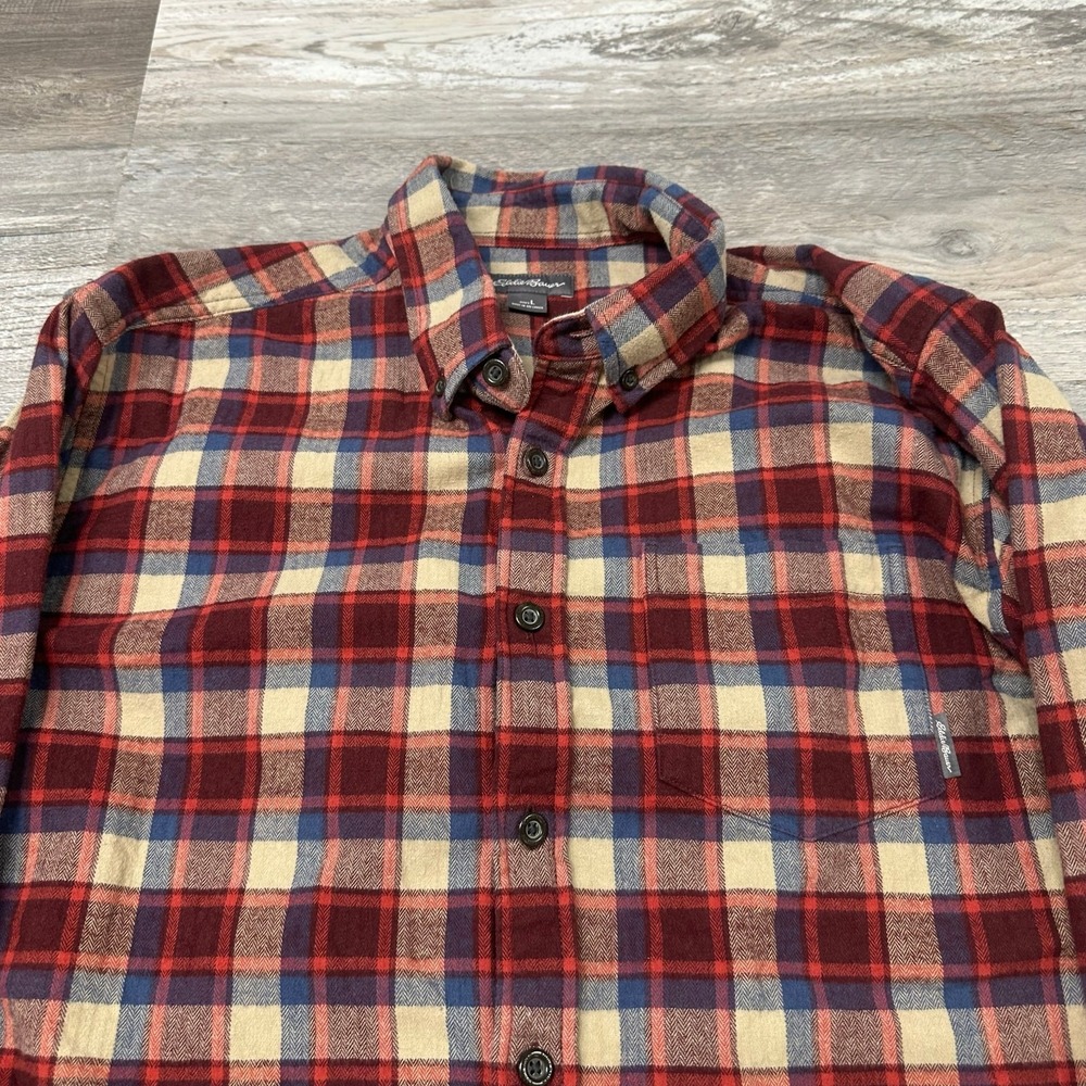 Eddie Bauer‎ Red Cream Plaid L 100% Cotton Button Down Flannel Tartan Shirt